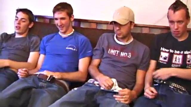 The boys have all gathered to give Roar a surprise that they think you'll enjoy watching. Each boy starts stroking solo to the moans on the porn video.