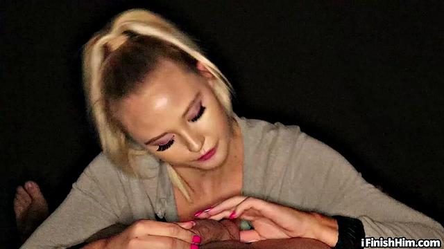 Teasing 21yo slut sucks dick passionately in POV