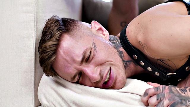 Leather harness bottom barebacked in asshole by BF