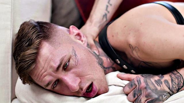 Leather harness bottom barebacked in asshole by BF