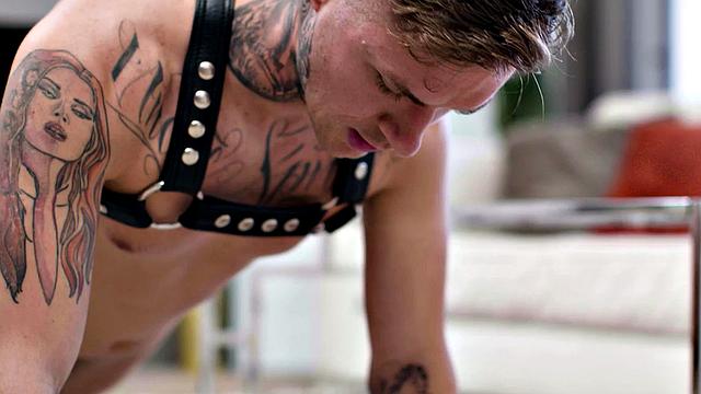 Leather harness bottom barebacked in asshole by BF