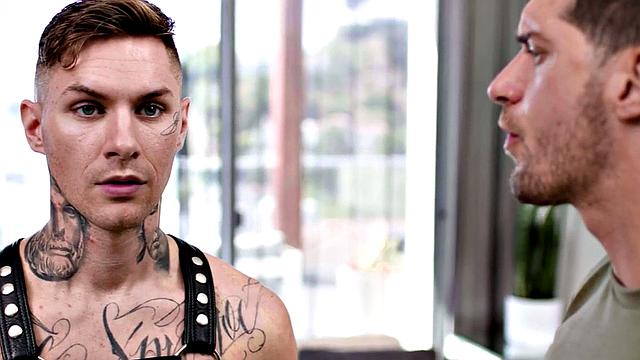 Leather harness bottom barebacked in asshole by BF