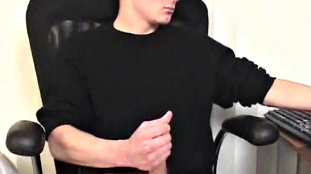 Parked in front of his computer, Darrell works his cock stiff thru his pants, before pulling it out. While watching some porn, he beats off with determination. After a while Darrell grabs and dumps his warm cum into a wine glass.