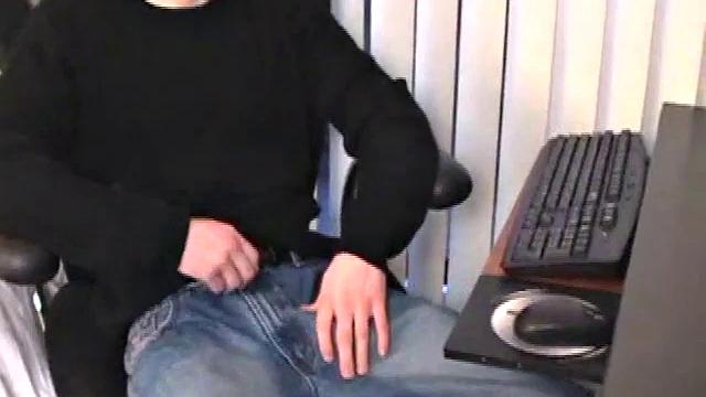 Parked in front of his computer, Darrell works his cock stiff thru his pants, before pulling it out. While watching some porn, he beats off with determination. After a while Darrell grabs and dumps his warm cum into a wine glass.