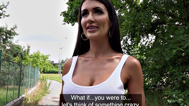 Busty MILF gets pounded doggystyle in public outdoors