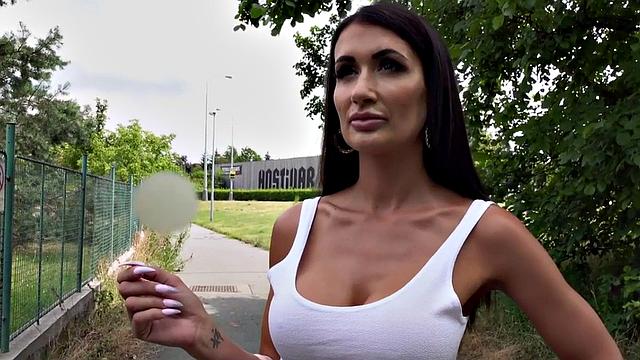 Busty MILF gets pounded doggystyle in public outdoors