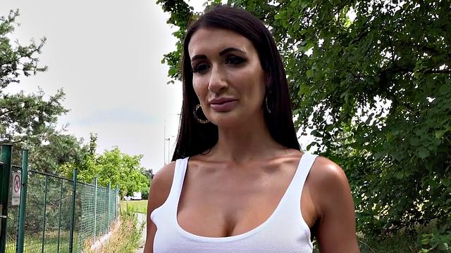 Busty MILF gets pounded doggystyle in public outdoors