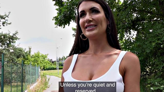 Busty MILF gets pounded doggystyle in public outdoors