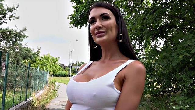 Busty MILF gets pounded doggystyle in public outdoors