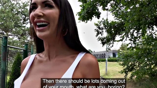 Busty MILF gets pounded doggystyle in public outdoors