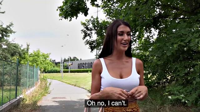 Busty MILF gets pounded doggystyle in public outdoors