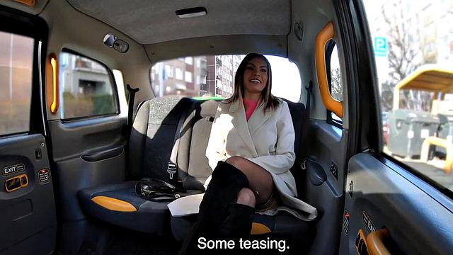 Cab amateur with big boobs fucked outdoors in taxi