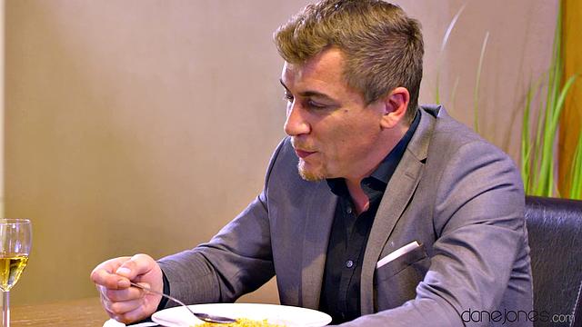 Redhead rides on dinner table