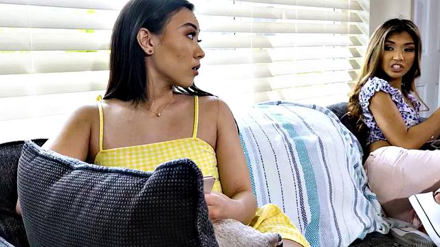 Petite lesbians in threesome with a kinky MILF in denim shorts