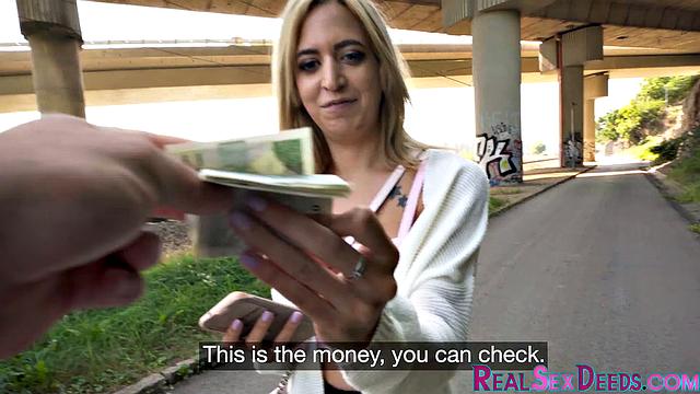 Busty blonde spreads cunt for cash