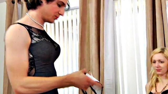 Strapon-loving crossdresser assfucked in group by femdoms