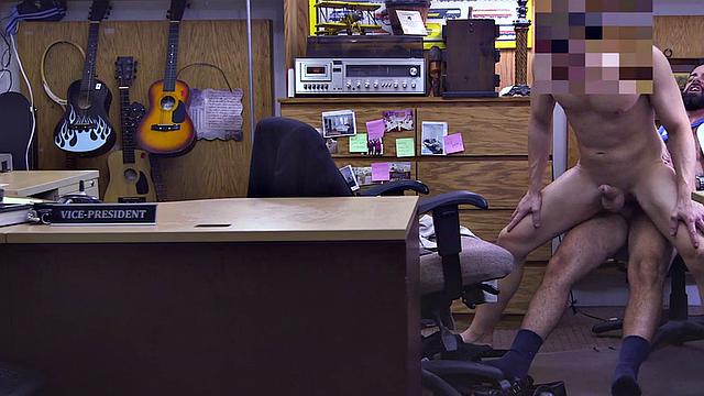 Real suited gay fucks the ass of pawnshop owner in office