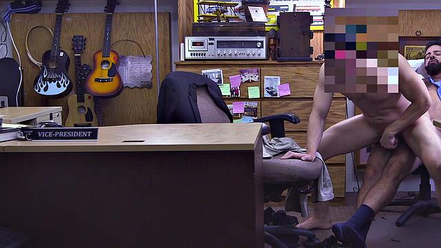 Real suited gay fucks the ass of pawnshop owner in office