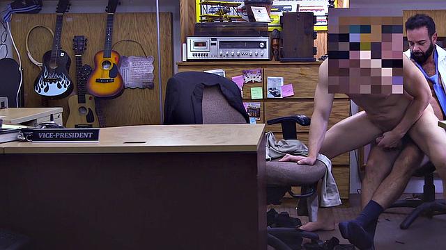 Real suited gay fucks the ass of pawnshop owner in office