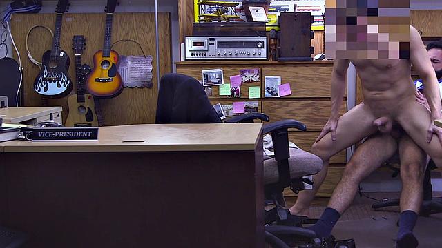 Real suited gay fucks the ass of pawnshop owner in office