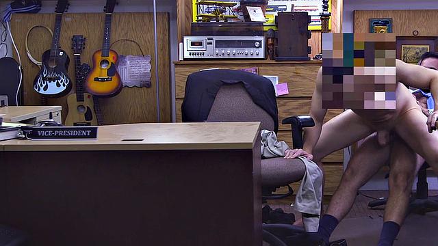 Real suited gay fucks the ass of pawnshop owner in office