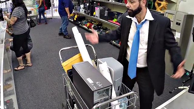 Real suited gay fucks the ass of pawnshop owner in office