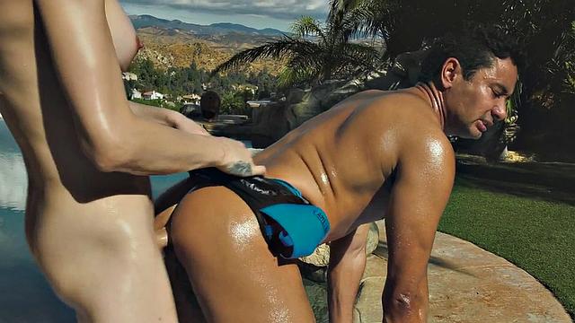 Tattooed shemale oils up and fucks masseur in public pool for a good handjob