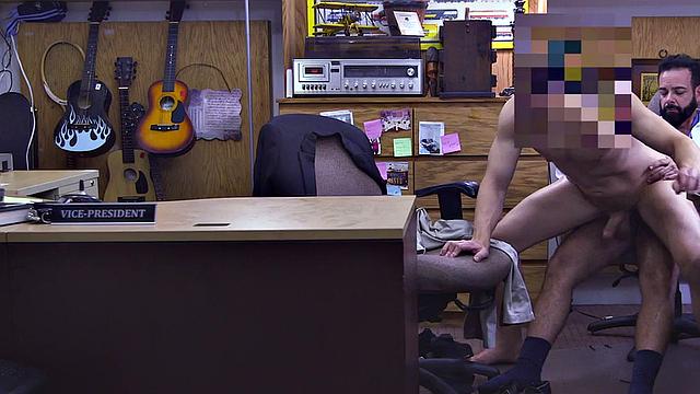 Bareback office sex with boss ends with cumshot in customer's ass