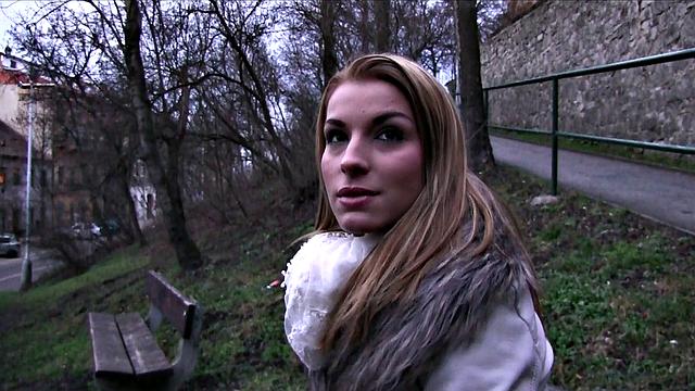 Skinny blonde gets fucked outside