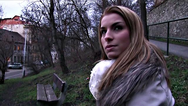 Skinny blonde gets fucked outside