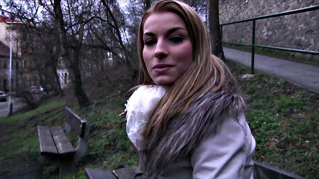 Skinny blonde gets fucked outside