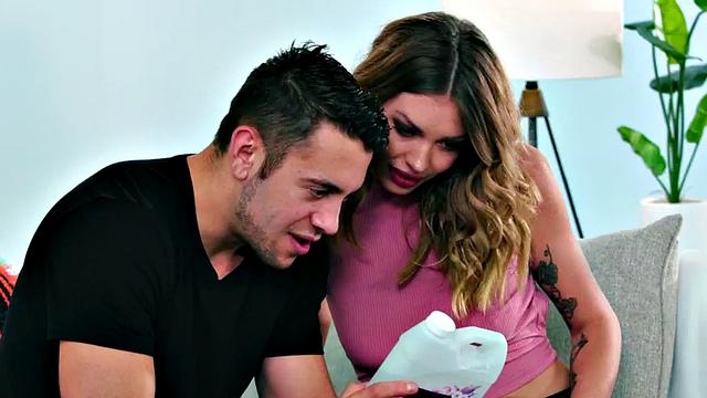 BF pumps his tattooed perkyboobs babe's tight pussy with his big cock