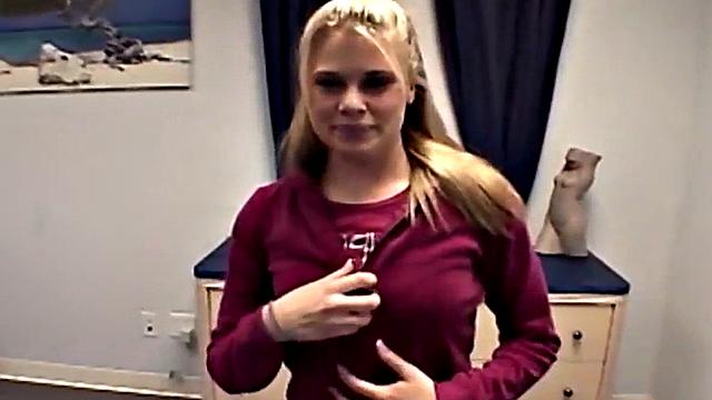 Tiny blonde teen rubbing her pussy