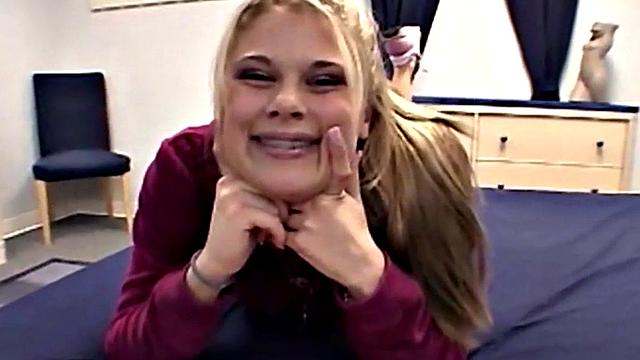 Tiny blonde teen rubbing her pussy