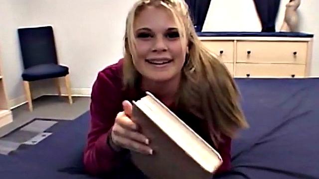 Tiny blonde teen rubbing her pussy