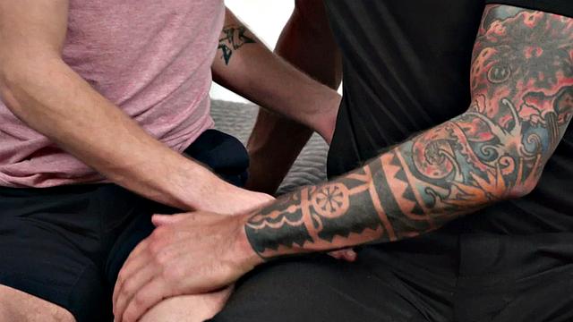 Tattooed hunk rimmed and bareback fucked by twink