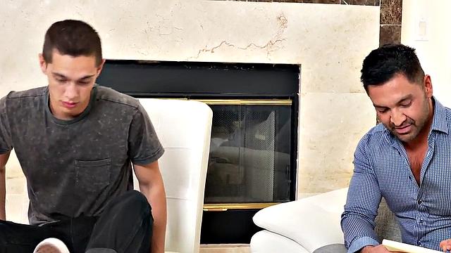 Mesmerized twink toyed by BDSM DILF in cosplay sex