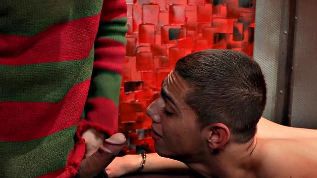 Mesmerized twink toyed by BDSM DILF in cosplay sex