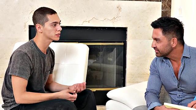 Mesmerized twink toyed by BDSM DILF in cosplay sex