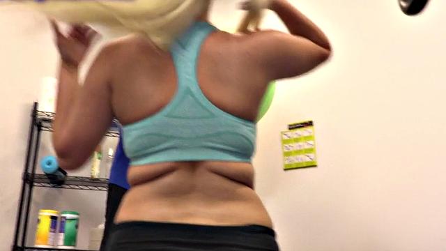 Hot blonde MILF in lingerie gets pounded after a hard workout