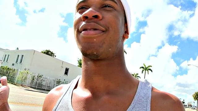 Black stud gets fucked by white jock outdoors till cumshot