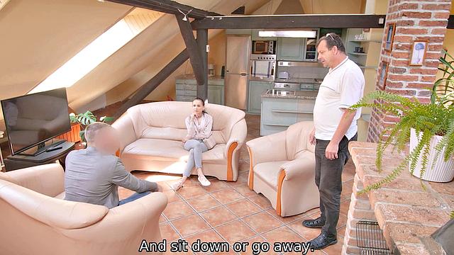 HUNT4K. Hot brunette rides hunter in front of greedy husband