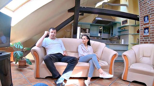 HUNT4K. Hot brunette rides hunter in front of greedy husband