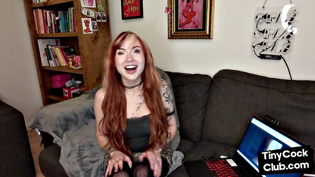 Redhead seduces tattooed dude with small dicks in the house
