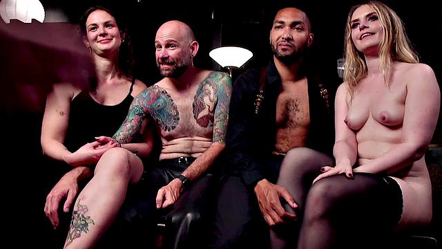 BDSM Ebony whipped in group public sex for voyeurs