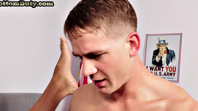 Rimmed athletic gay soldier fucked in dormitory by friend