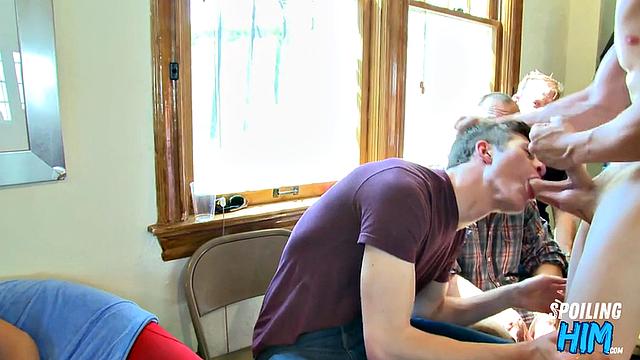 Sexy stripper getting cocksucked by guests