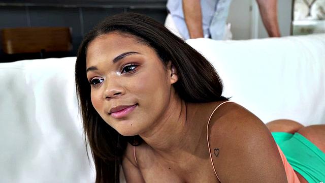 Naughty Asian teen with bubble butt rides a big white cock on the couch