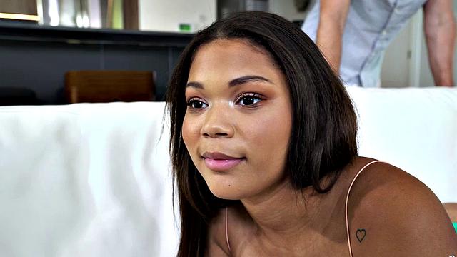 Naughty Asian teen with bubble butt rides a big white cock on the couch