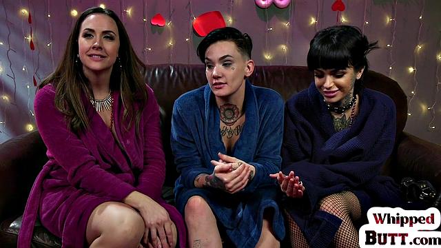 Busty MILFs in latex explore each other's bodies in wild threesome action